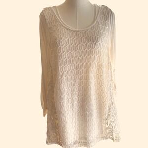 Indigo Soul Womens XL Cream Lace Tunic Top Roll Tab Sleeve Crochet Boho Layered